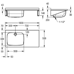 Bild von KWC SIRIUS BS333 Mehrzwecktrog,Ablage rechts Spritzschutzhöhe:40 mm, Beckenposition:links, Beckendesign:runde Ecken, Art.Nr. : 2000100078